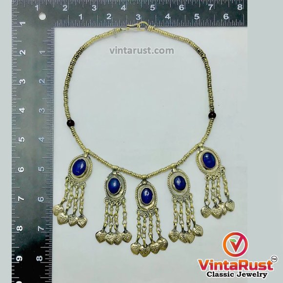 Beaded Chain Choker Necklace With Dangling Tassels and Blue Stone, Tribal Light - Picture 6 of 10